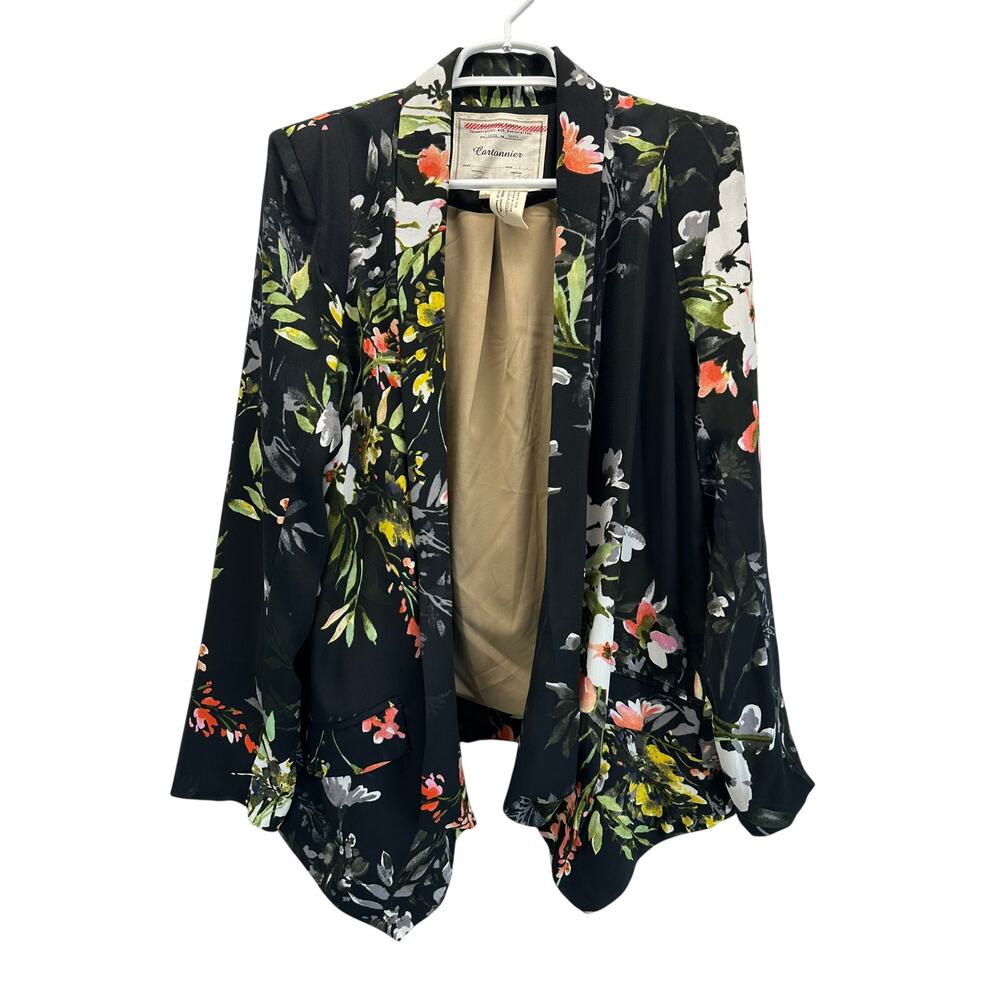 Anthropologie Cartonnier Floral Draped Open Front Blazer Jacket Black Multi L